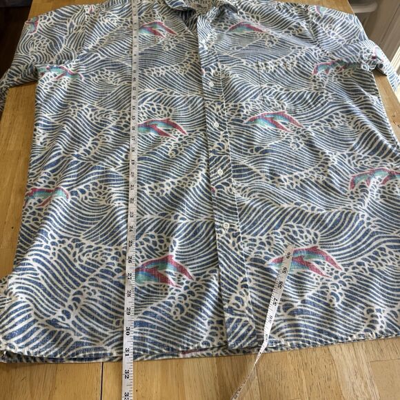 Reyn Spooner Buttoned Shirt Blue Reverse Print Hawaiian Waves Dolphins USA XL - Picture 8 of 9